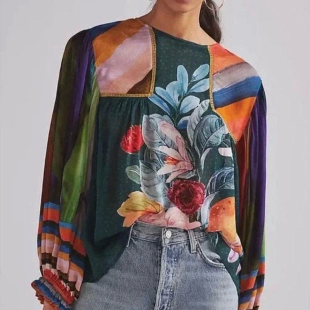 Anthropologie Multicolor Floral Patchwork Blouse - Green, Purple, Orange, Blue